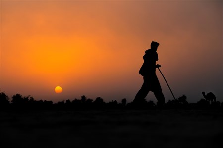 a Man Walking in Sunset 