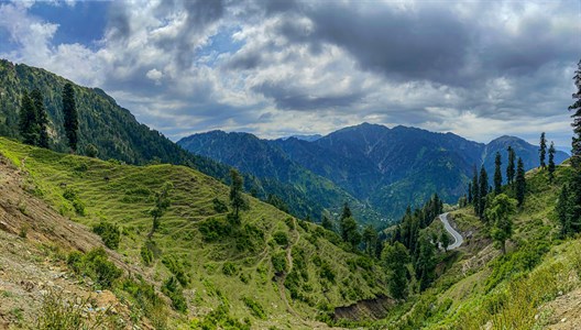 Mountains, clouds and green trees