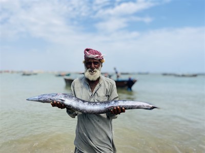 Man with fish on beach