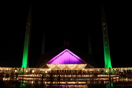 Shah Faisal Mosque decorated with colour full lights. Islamabad