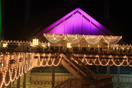 Shah Faisal Mosque decorated with colour full lights. Islamabad