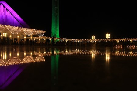 Shah Faisal Mosque decorated with colour full lights. Islamabad