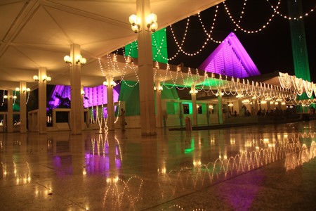 Shah Faisal Mosque decorated with colour full lights. Islamabad