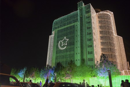 A decorated building with Pakistani flag in Rawalpindi