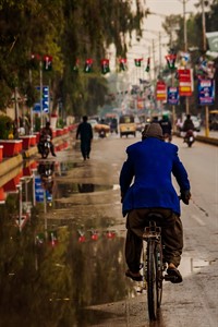 Rear view of man riding bicycle on road in city.