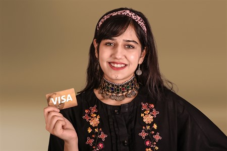 Traditional girl using Credit, Debit VISA card